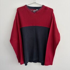 Gap Factory Store Mens V-Neck Colorblock Cotton Sweater Red Navy Large